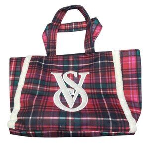 Victorias Secret Red Plaid Tote Bag With Sherpa Detailing & Logo Patch READ